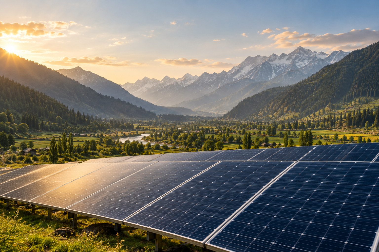 Illustrative solar panels in a mountain valley
